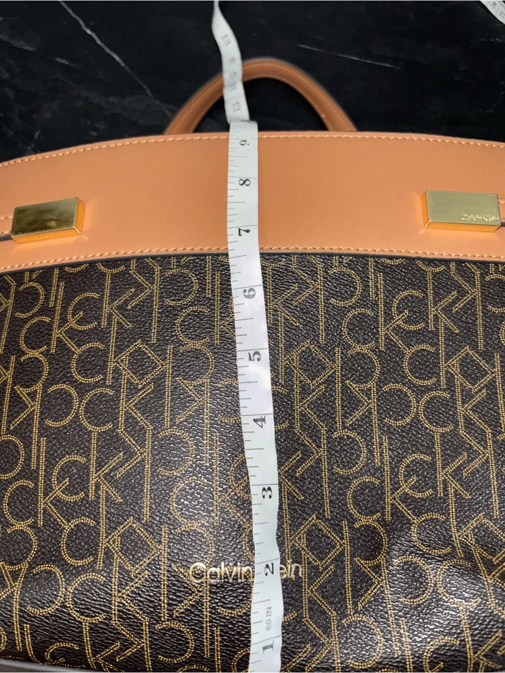🥥Calvin Klein Brown Monogram Satchel with Tan Trim